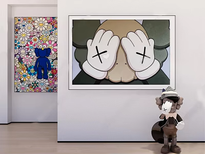 Art Gallery Interior With Colorful Floral Painting X Eyes Artwork And Doll Figure 3d model