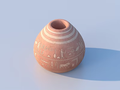 Handcrafted Terracotta Ceramic Vessel with White Stripes Ancient Figures and Animal Patterns 3d model