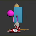 Playful Electronic Device with Blue Body Pink Joystick Buttons White Gloves Red White Sneakers Skateboard