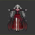 Anime Game Character With White Long Hair Black Horns And Red Gothic Dress