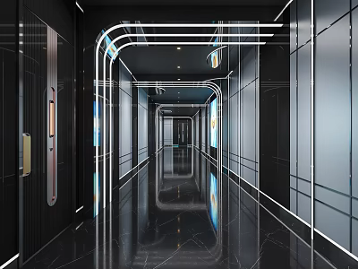 Modern KTV Corridor With Stylish Lighting And Glossy Marble Floors 3d model
