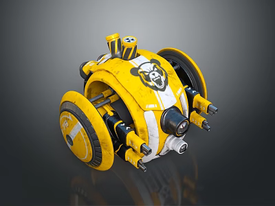 Yellow And White Cartoon Robot Vehicle With Large Wheels And Animal Face Design 3d model