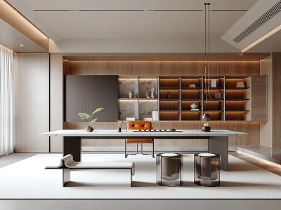 Modern Tea Room Interior With Wooden Decor Long Table Tea Sets Metal Stools And Bookshelves 3d model