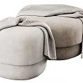 Light Gray Round Velvet Ottoman Stools With Soft Throw Blanket For Modern Living Interior Design