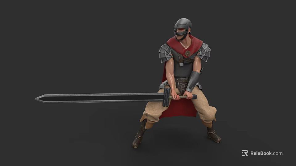 Game Fantasy Warrior Character With Armored Helmet Red Cape And Large Sword In Battle Stance 3d model 
