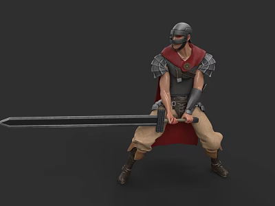 Game Fantasy Warrior Character With Armored Helmet Red Cape And Large Sword In Battle Stance 3d model