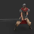 Game Fantasy Warrior Character With Armored Helmet Red Cape And Large Sword In Battle Stance