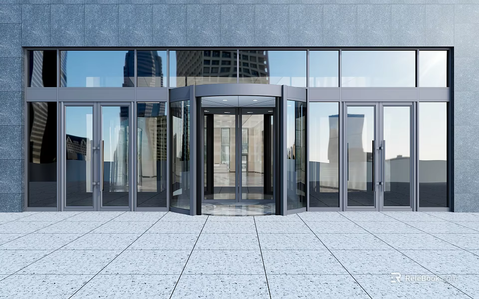 Modern Building Entrance With Glass Revolving Door And Marble Floor 3d model 