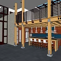 Modern Bar Interior With Wooden Beams Open Layout Bar Stools And Pendant Lights