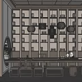 Traditional Chinese Tea Room Interior With Wall Bookshelves Hanging Chandeliers And Long Wooden Table
