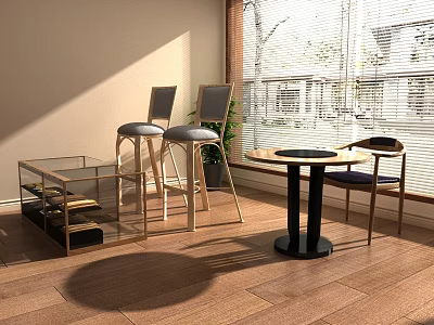 Modern Living Room With Glass Sideboard Bar Stools Round Table And Chairs 3d model
