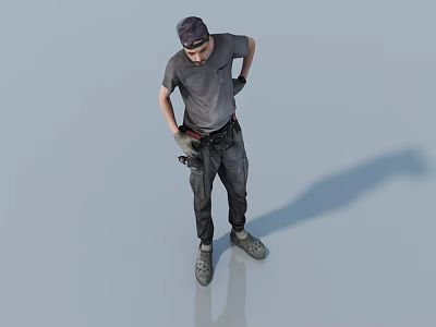 Man Wearing Cap And Gray T-Shirt With Dark Pants And Tool Belt Holding Tools 3d model