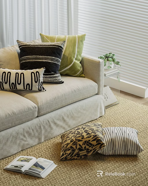 Modern Stylish Throw Pillows With Geometric Striped Patterns On Sofa And Floor 3d model 