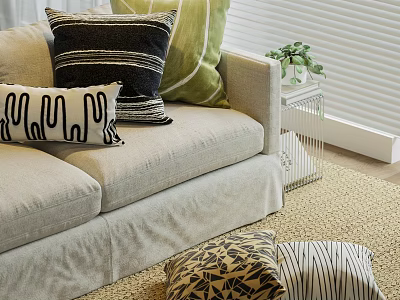Modern Stylish Throw Pillows With Geometric Striped Patterns On Sofa And Floor 3d model