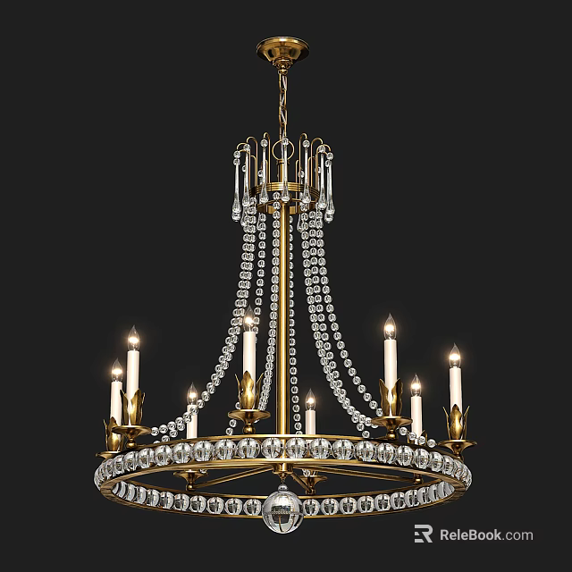 Luxurious Crystal Chandelier With Golden Metal Frame And Hanging Candle Light Pendants 3d model 