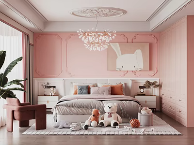 Cozy Kids Bedroom With Pink Walls Rabbit Art And Toys 3d model