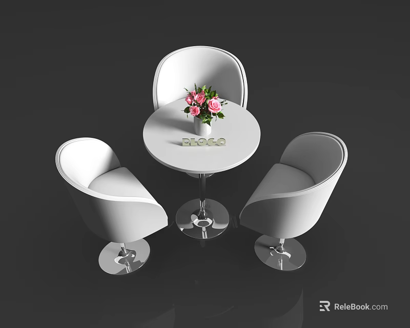 Modern Tea Break Area With Round White Table Pink White Flowers And Three Curved Chairs 3d model 