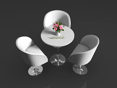 Modern Tea Break Area With Round White Table Pink White Flowers And Three Curved Chairs 3d model