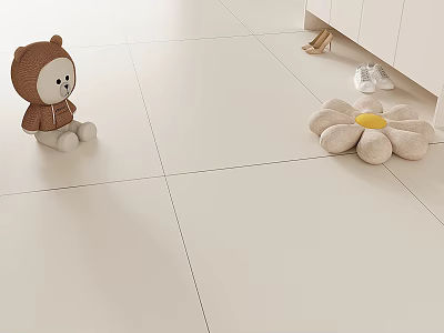 Teddy Bear Stuffed Toy Sitting On White Tiled Floor With Flower Shaped Cushion And Shoes 3d model