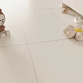 Teddy Bear Stuffed Toy Sitting On White Tiled Floor With Flower Shaped Cushion And Shoes