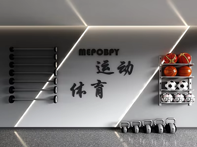 Gray Sports Background Wall with REPORPY Lettering Chinese Characters Barbell Rack Ball Shelf and Kettlebells 3d model