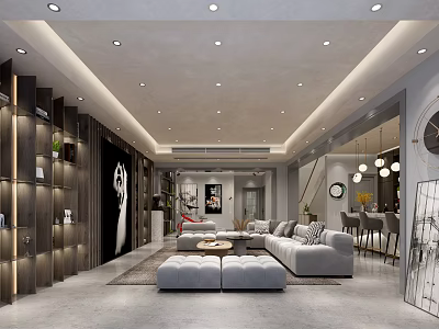 Modern Living Room Interior With Grey Sofa Area Rug Decorative Art And Recessed Lighting 3d model