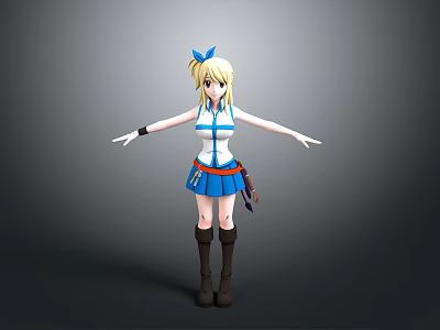 3D Anime Character Model With Blonde Hair Blue Bow Arms Outstretched Blue Skirt Brown Boots 3d model