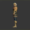 Muscular Warrior Character With Yellow Armor Blue Pants And Green Pouch