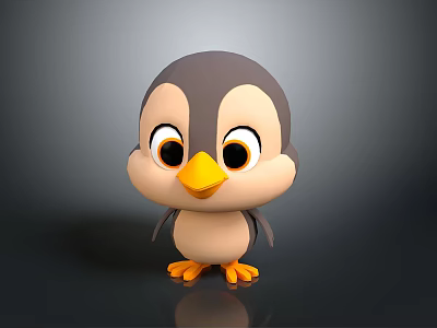 Cute Gray Beige Cartoon Penguin 3D Model With Big Eyes Yellow Beak And Shiny Surface 3d model