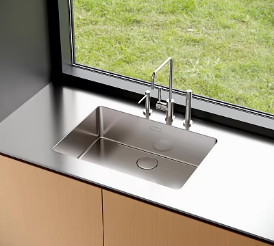 Stainless Steel Kitchen Sink In Modern Kitchen With Faucet Countertop And Grass View 3d model