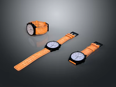 Stylish Everyday Watches Featuring Orange Leather Straps White Dials And Black Cases 3d model