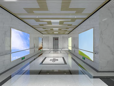 Modern Public Corridor With Marble Walls Large Screens Ceiling Design Floor Pattern And Handrails 3d model