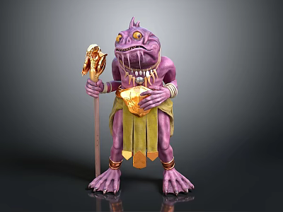 Fantasy Game Movie Character Purple Skinned Creature With Large Eyes Holding Staff And Golden Container 3d model
