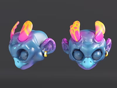 Fantasy Game Movie Character Head Design with Blue Skin Pink Yellow Horns and Large Eyes 3d model