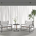 Stylish Leisure Chairs with White Curtains Small Coffee Table and Large Green Plant in Room
