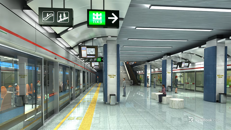 Spacious Subway Station Platform With Metro Train Exit Sign Arrow And Yellow Safety Line 3d model 