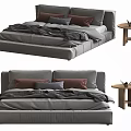 Gray Double Bed With Mattress Frame Brown Gray Pillows And Side Table 3d model