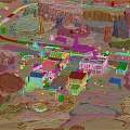 Scenic Desert Landscape With Red Rock Formations Small Town Buildings Cactus Plants And Winding Roads