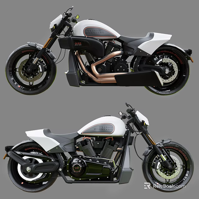 Modern White Black Cruiser Motorcycle With Sleek Body Stylish Seat Copper Exhaust And Alloy Wheels 3d model 