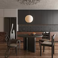 Modern Restaurant Dining Space With Round Table Pendant Light Dark Cabinets And Tile Backsplash 3d model
