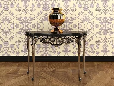 Elegant Console Table With Black Marble Top And Ornate Metal Legs Against Purple Patterned Wallpaper 3d model
