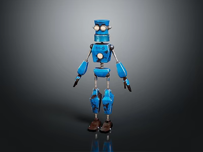 Blue Mechanical Robot Character With Round Eyes And Articulated Metal Limbs 3d model