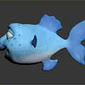 Cute Blue Cartoon Fish Head With Big Eyes Smiling Mouth Spots And Fins
