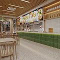 Modern Restaurant with Open Kitchen Shrimp Wonton Green Tiled Walls and Wooden Tables and Chairs