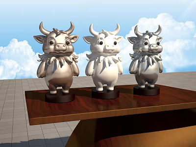 Three Silver White Cow Sculptures Decorative Art On Wooden Platform With Sky Clouds 3d model