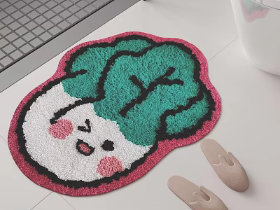 Cartoon Cabbage Shaped Rug With Smiling Face Green Leaves And Pink Edges 3d model