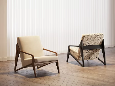 Modern Accent Chairs With Wooden Frame Beige And Patterned Upholstery On Wooden Floor 3d model
