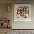 Colorful Abstract Painting Hanging On Light Colored Wall With Wooden Chair And Minimalist Decor