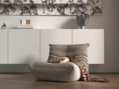 Gray Bean Bag Chair In Modern Living Room With Stuffed Toy Checkered Blanket 3d model