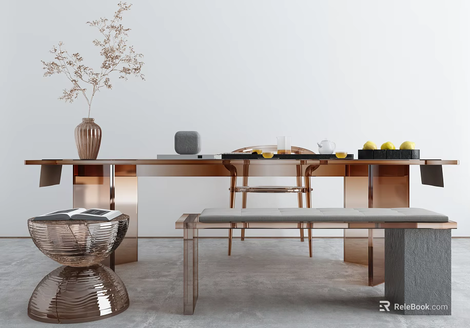 Modern Tea Table and Chairs With Vase Fruits and Metal Frame Design 3d model 